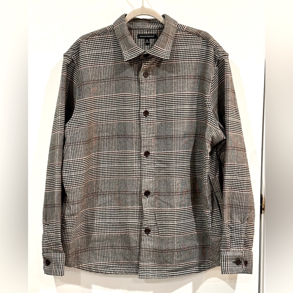Men’s Banana Republic Italian Wool Brown/Cream Plaid Overshirt Size: XL